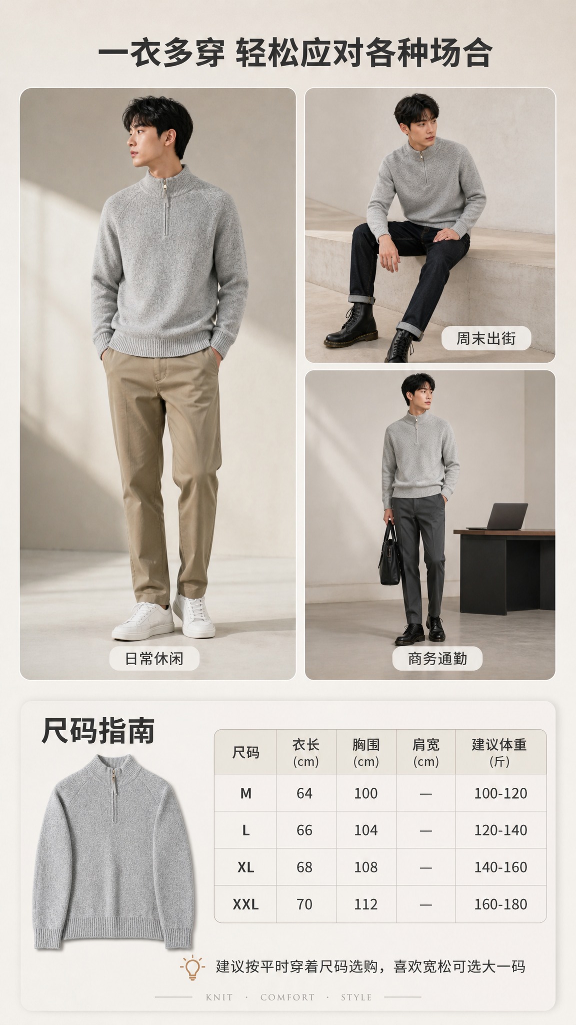 [商品] 使用【图1】浅花灰色男士半拉链立领针织羊毛衫；商品处… - 图片创意预览