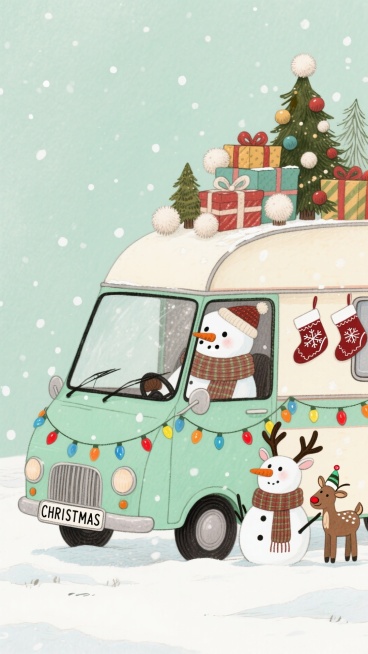 主体是一辆嫩绿色的迷你露营车，车牌写着 “CHRISTMAS”，裹着厚围巾的雪人驾驶车辆，身旁坐着一只戴鹿角发夹的小驯鹿玩偶，车顶堆满缀着毛绒球的礼物盒与矮胖迷你圣诞树，几只绣着雪花的圣诞袜轻晃在空中预览效果