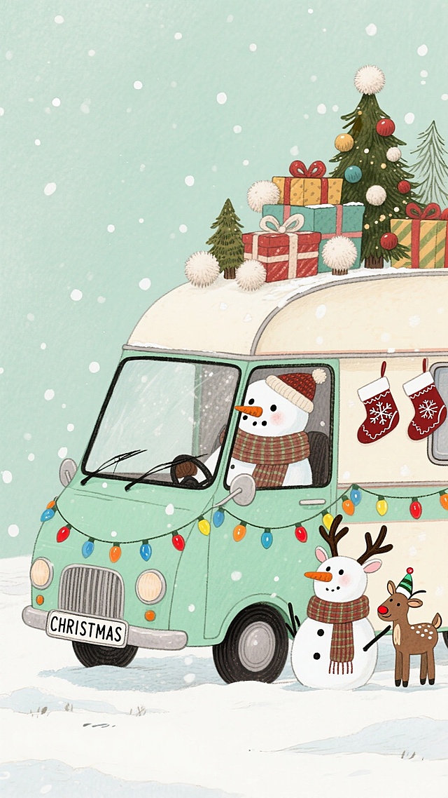 插画风圣诞场景，拟人雪人驾驶复古露营车，载满礼物与圣诞树，搭配水彩质感与粘土风格细节，营造可爱、温馨、喜庆的节日氛围。