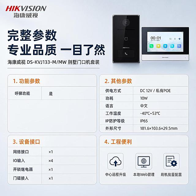 电商主图第五张，规格参数总览决策图。海康威视DS-KVJ133-M/MW别墅门口机。保持产品外观与输入产品图完全一致，杜绝变形色差。产品位于画面右上角缩小展示，约占画面25%。画面主体为清晰的规格参数表，分为四个分组模块。模块一（功能参数）：呼梯功能 是；模块二（其他参数）：供电方式 DC 12V 私有POE 功耗 10W 语言 中文 工作温度 -40°C~53°C IP防护等级 IP65 外形尺寸 181.6×103.6×29.5mm；模块三（设备接口）：网络接口×1 IO输入×4 开锁继电器×1 门磁接入×1；模块四（工程便利）：中心远程升级 本地Web管理 刷机批量配置。参数表采用浅灰底细边框圆角设计，分组标题用橙色强调，参数名称深灰蓝，数值黑色。顶部主标题大字：完整参数 专业品质 一目了然。左上角彩色海康威视LOGO。背景为浅灰蓝色柔和渐变棚拍背景，与首图呼应。柔和均匀光线，排版整齐克制高级。配色延续统一报警行业专业配色，信息清晰易读，商业摄影质感，大气专业。