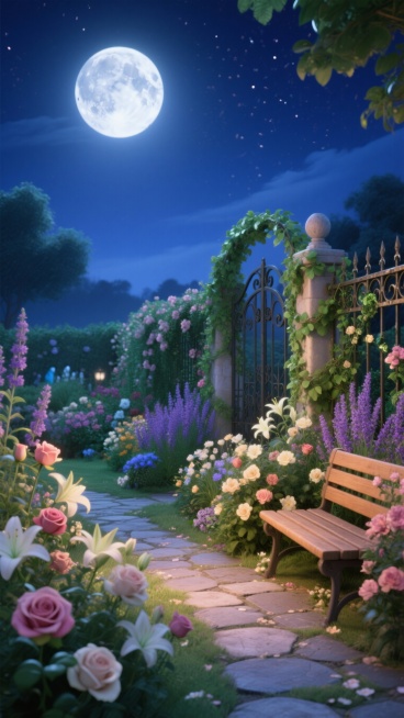 生成10张月亮和花园的美景图预览效果