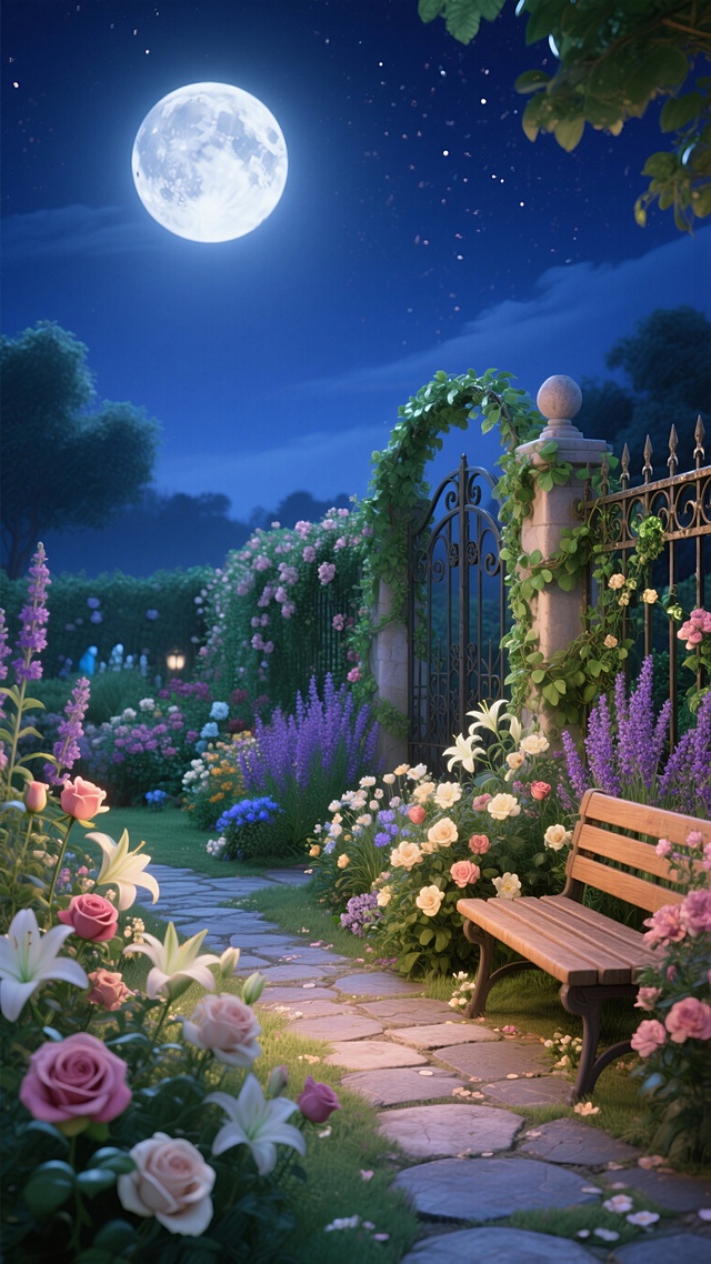 生成10张月亮和花园的美景图