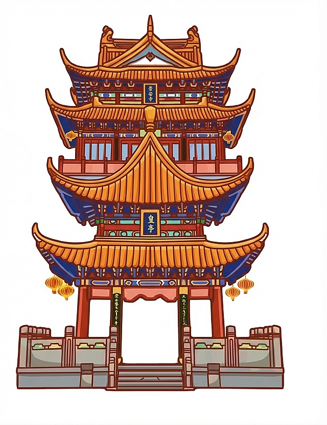 参考原图重新绘制崇安寺皇亭这座中国风古建筑，保留原图的构图、配色和干净白底背景，优化线条和色彩清晰度