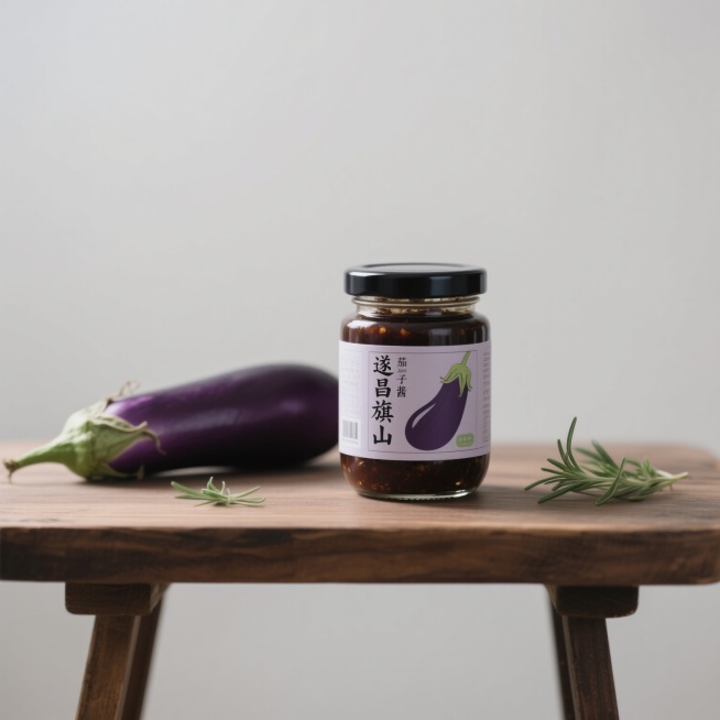 遂昌旗山茄子酱产品展示，玻璃罐中装满深紫色茄子酱，罐身贴有“遂昌旗山茄子酱”标签，背景为木质桌面和新鲜茄子、香草点缀，光线柔和，突出产品质感预览效果