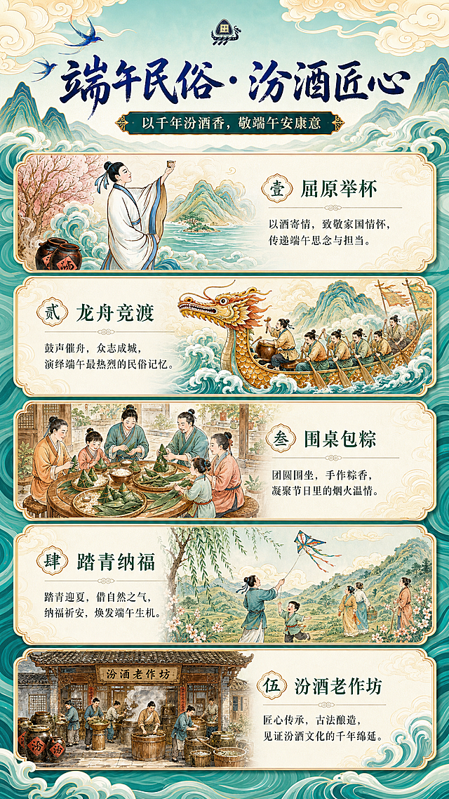 重新生成，严格匹配首屏青花汾酒端午限定国潮插画风格，设计9:16竖版文化整合详情页，标题“端午民俗・汾酒匠心”，分模块排版五个文化元素：屈原举杯、龙舟竞渡、围桌包粽、踏青纳福、汾酒老作坊，每个元素搭配对应插画局部和解读文案，延续首屏淡青绿色祥云背景，统一国潮国风配色，保证文字清晰排版整齐，8k超清，比例9:16