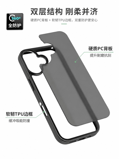 [第4屏] 核心结构解析-iPhone17手机壳双层结构拆解。本屏使用【图5】作为产品主体参考，保留拆分结构展示。
[氛围/风格] 科技解析风，专业清晰展示内部结构。
[元素布局] 拆分结构斜置居中，预览效果