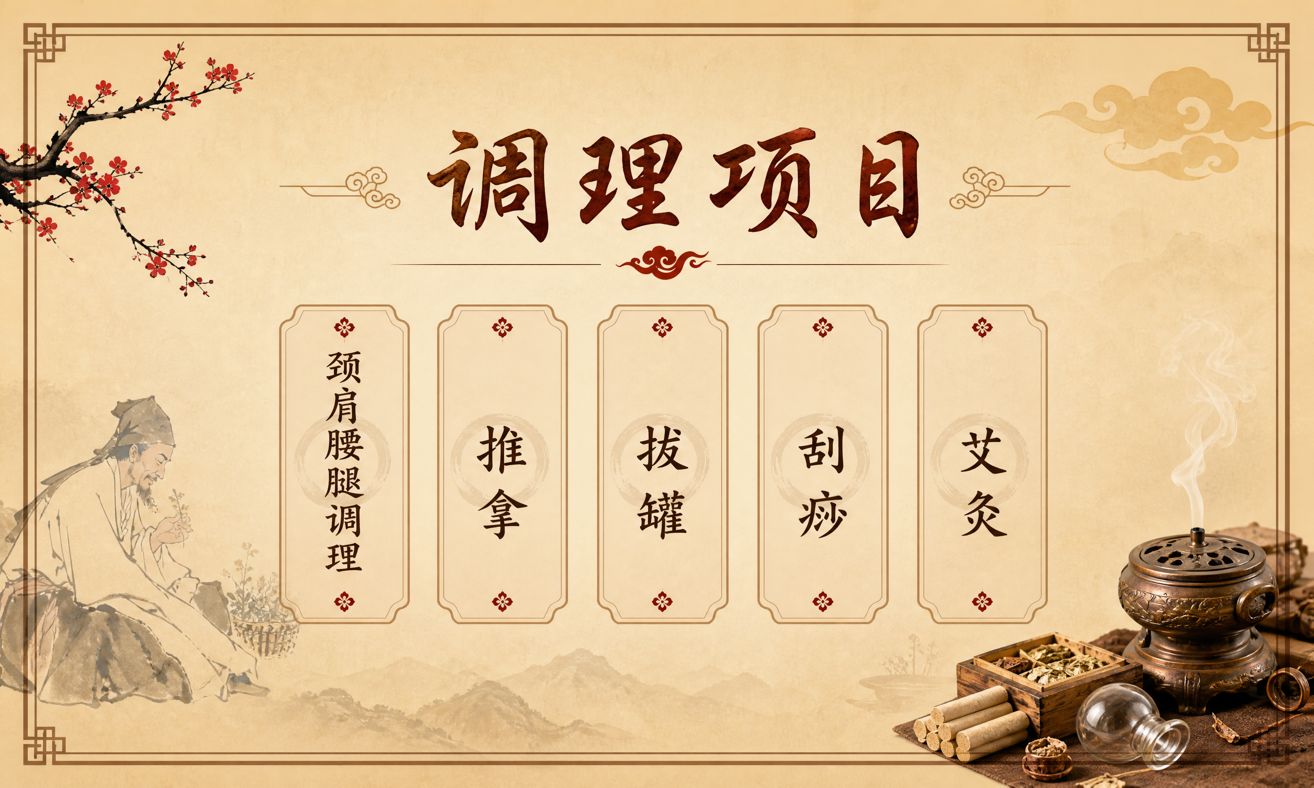 设计一张中医理疗师名片背面，尺寸9cm×5.4cm，中国风传统… - 图片创意预览