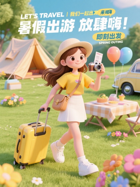 卡通风格，活泼可爱女性形象，棕色长发，戴着浅色帽子，黄色短上衣，白色短裙，白色运动鞋，背着浅棕色挎包，脖子挎着复古相机，左手拿着类似车票的物品，拉着黄色拉杆箱，背景是户外草地，有帐篷、野餐桌、气球、车预览效果