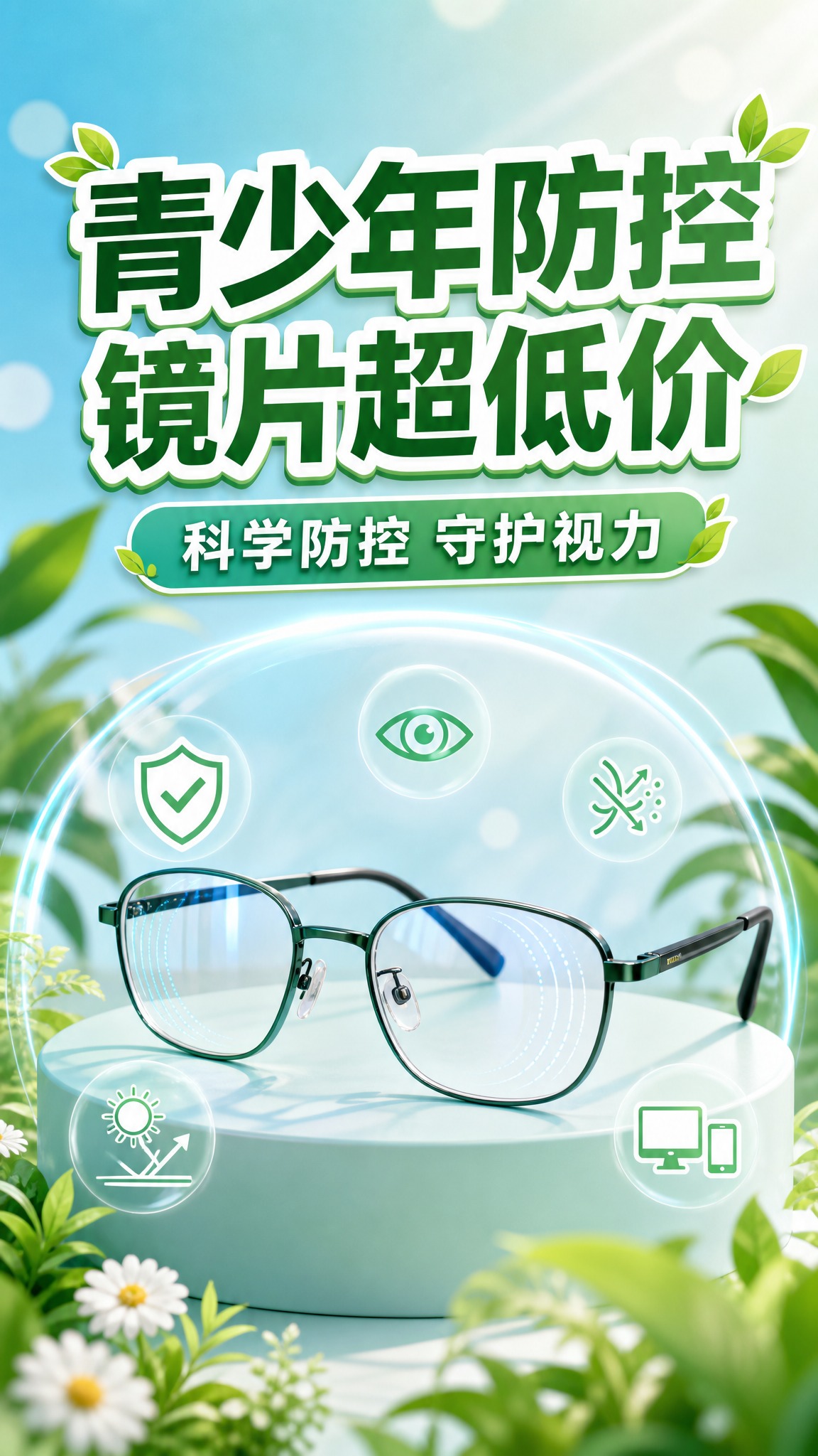 青少年防控镜片促销活动海报，清新活力风格。画面中央展示一副轻盈… - 图片创意预览