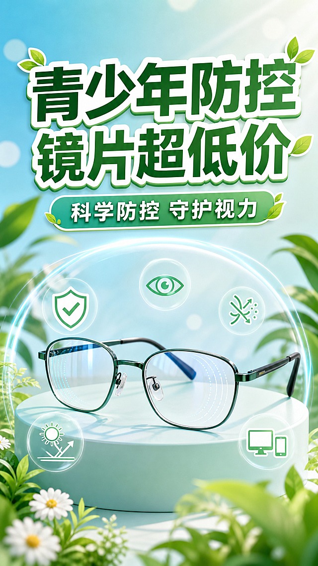 青少年防控镜片促销活动海报，清新活力风格。画面中央展示一副轻盈的青少年眼镜，镜片有防护光环效果，旁边有眼睛保护的抽象图标和绿叶元素。主标题大字醒目："青少年防控镜片超低价"，副标题在主标题下方："科学防控 守护视力"。整体采用清新蓝绿配色，浅蓝绿色渐变背景，白色和深绿色文字，画面干净明亮有层次感，氛围温馨有活力，体现对青少年视力的关爱。超高清2K分辨率，无杂色，无logo，无二维码，无活动时间，版式精美，竖版构图。画面中必须完整呈现以下文字信息："青少年防控镜片超低价"、"科学防控 守护视力"。画面中所有数字必须精确渲染，不得出现错位、遗漏或编造的数字。