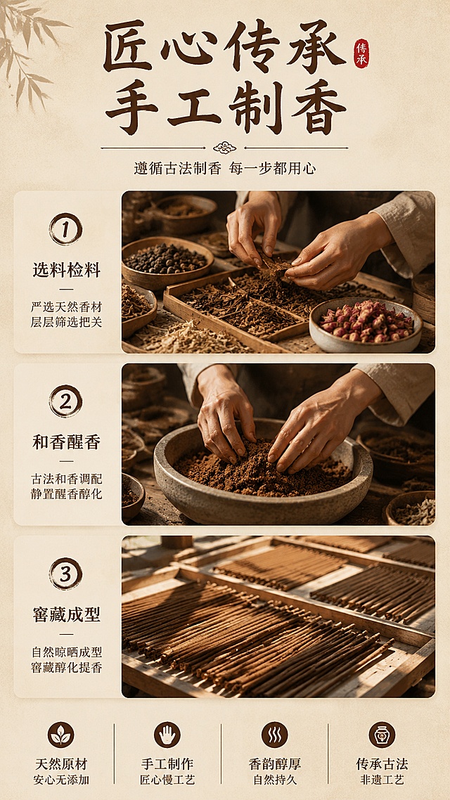 [第5屏] 非遗工艺特点介绍，讲述传统制香手艺传承，本屏无需产品主体，侧重工艺展示。
[氛围/风格] 传统文化质感，质朴匠心智造风，柔和暖调光影，手作温度感。
[元素布局] 顶部主标题「非遗传统制香工艺」，画面中心展示手工和香、晾晒的传统工艺步骤拼贴，三张步骤图从上到下排列，每个步骤配简短文字说明：1. 选料检料 2. 和香醒香 3. 窖藏成型，底部提炼核心优势。核心工艺元素占比超过50%，大尺寸清晰展示。
[光影质感] 均匀柔和暖光，步骤图清晰锐化，文字与图片区分明确，阴影自然。
[配色色系] 全局底色#f5efe5，主色深棕+米色，辅助色原木色，质朴传统配色。
[视角构图] 纵向排版，步骤递进布局，阅读动线从上到下流畅。
[文字版式] 顶部主标题「匠心传承 手工制香」，副标题「遵循古法制香 每一步都用心」，每个步骤配4-8字说明文字，文字清晰，排版宽松透气。
[比例分辨率] 9:16 竖版比例，4K分辨率，文字清晰可辨，高清画质。
[负向提示词] 步骤模糊，文字错乱，配色花哨，虚假工艺宣传