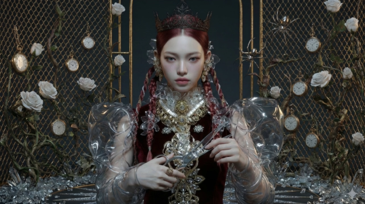 镜头：中景慢放（0.5 倍速），静态端庄姿态，动作丝滑克制，无多余杂物人物动态与表情：东亚 MV 女主，深雾面红棕色中分发型，两侧 4-5 根多股扭转发辫，鬓边点缀透明 PVC 花瓣，发丝根根清晰；右预览效果