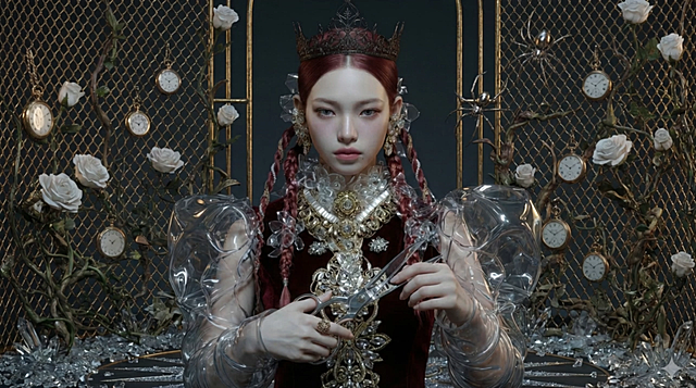 哥特风3D重拟物设计，金属与玻璃质感交融，复古奢华中透出神秘气息，红发女王手持剪刀，暗喻时间与命运的剪裁。