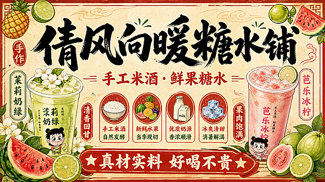 将图片右侧的葡萄冰奶饮品和葡萄水果全部替换为芭乐冰柠。右侧饮品杯改为粉红色的芭乐冰柠（带冰块和芭乐果肉、青柠片装饰），杯身文字改为"芭乐冰柠"，右侧竖排标签文字改为"芭乐冰柠"。右下角的紫色葡萄串替换为芭乐果（番石榴，绿色带红的果实）和青柠片。其余所有元素保持不变：左侧茉莉奶绿、中间四个卖点图标、主标题"倩风向暖糖水铺"、副标题"手工米酒·鲜果糖水"、底部"真材实料 好喝不贵"、小哪吒女孩卡通形象、左上角菠萝青柠、左下角西瓜青柠、右上角青柠西瓜、整体国潮手绘风格和米黄色底色都完全保留。画面中必须完整呈现以下文字："倩风向暖糖水铺"、"手作"、"手工米酒·鲜果糖水"、"茉莉奶绿"、"芭乐冰柠"、"清香回甘"、"手工米酒 自然发酵"、"新鲜水果 当季现切"、"优质奶源 香浓顺滑"、"冰爽清甜 消暑解渴"、"果肉饱满"、"真材实料 好喝不贵"。画面整洁，版式精美。