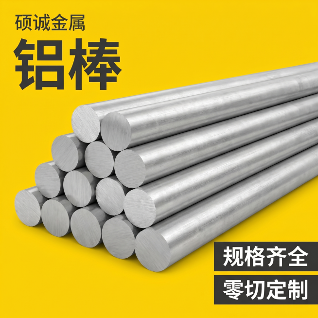 [主图 1] 硕诚金属铝棒首图。[氛围风格] 专业工业五金风格，硬核品质感。[画质] 商业摄影质感，产品清晰真实，画面干净高级，文字清晰可辨，超高清。[元素] 多根实心铝棒整齐码放居中展示，商品主体占预览效果