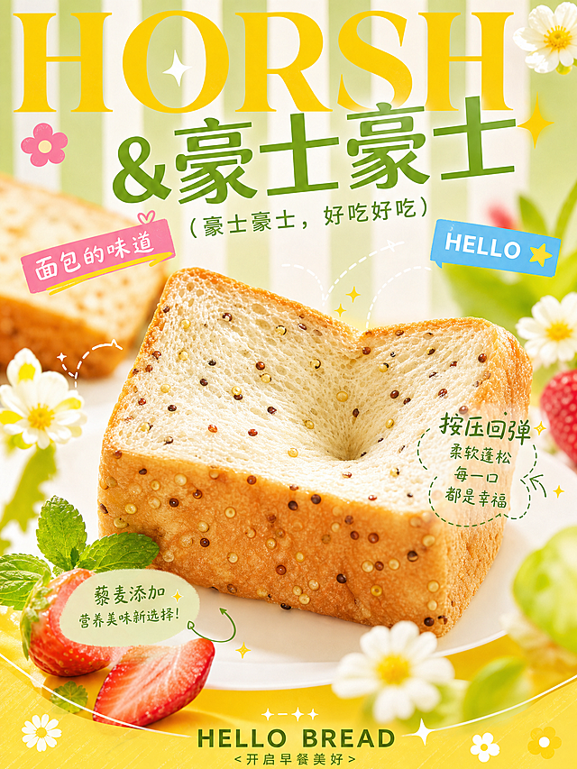 春日清新弥散风面包海报，竖版构图，主体藜麦吐司居中，按压出凹陷效果强调"按压回弹"的柔软感，去掉手，柔焦虚化通透质感。多层文字错落排版：顶部明黄大字"HORSH"，搭配绿色主标题"&豪士豪士"，副标题"（豪士豪士，好吃好吃）"。画面点缀草莓、薄荷叶、星光，粉色标签"面包的味道"，蓝色标签"HELLO"，底部"HELLO BREAD <开启早餐美好>"，绿白+明黄撞色，条纹背景，清新治愈，适配春日宣传