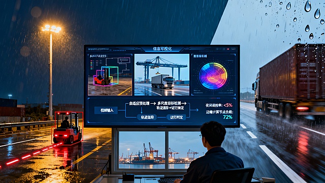 一个多时段融合的港口交通监测场景。画面左侧为夜间作业区，一盏高杆灯照亮湿漉漉的地面，一辆小型叉车在逆行车道上被红色识别框锁定，其尾灯轨迹形成反向红色虚线；画面右侧为白天雨天，集装箱卡车在模糊车道线间穿行，镜头边缘有雨滴划过。

中央的监控屏幕上，界面分为三个动态模块。左上区域显示着多尺度检测示意图：远景中的小叉车与近景中的集卡被不同颜色的识别框同时准确标注。右上区域展示注意力机制热力图，算法正将视觉焦点集中在移动车辆上，而龙门吊等背景被淡化为冷色调。下方主画面以流程图形式简洁呈现工作逻辑：“视频输入→自适应预处理→多尺度目标检测→轨迹追踪→逆行判定”，旁边实时滚动着“夜间误检率：<5%”与“边缘计算节点负载：72%”的数据。

屏幕前，一名工程师正观察着系统对不同时段场景的实时分析结果。窗外可见港口多种车型混杂穿梭的真实作业景象。整体画面将算法对复杂光照、天气、车型的适应能力，通过多场景对比与界面可视化自然呈现，科技感仅体现在算法流程与动态数据中，与港口作业环境紧密融合。