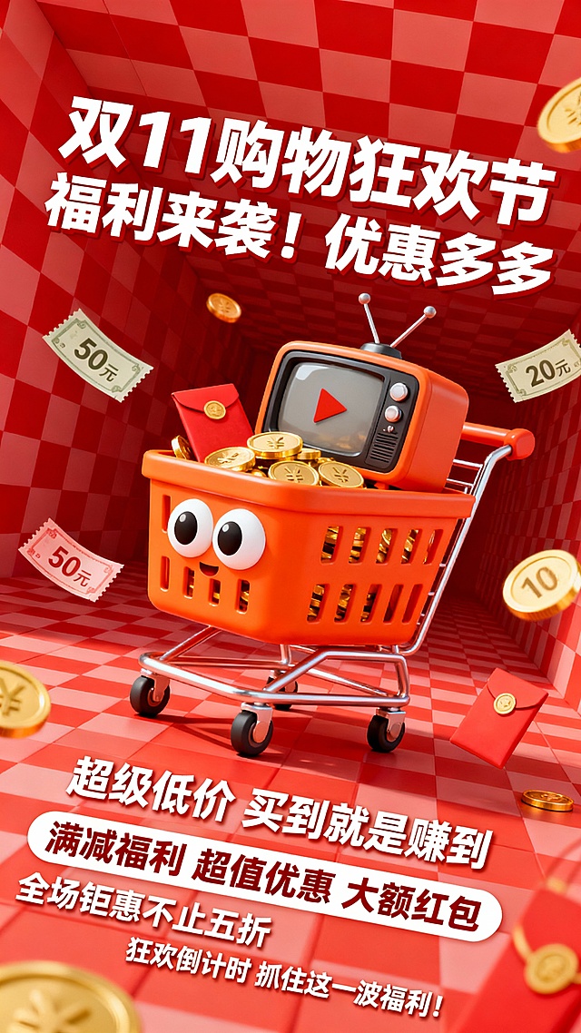 软3D风格购物车拟人化，搭配复古电视与金币红包，红白格背景强化喜庆感，波普艺术色彩碰撞，营造双11促销狂欢氛围。