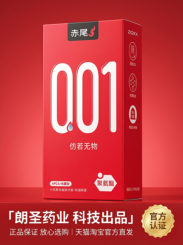 [主图 5] 赤尾001避孕套品牌信任背书与促销展示
[氛围风格] 专业可信，突出品质保障
[画质] 商业摄影质感，光线柔和通透，产品清晰真实，画面干净高级
[元素] 保持赤尾001避孕套包装盒外观与输入产品图绝对一致，杜绝任何变形色差。产品居中偏上展示，下方区域放置品牌背书和购买引导信息，右下角点缀官方认证金标。背景采用纯净红色渐变，商品主体占比约65%，画面无边框
[光影] 中心布光突出产品，背景均匀，底部文字区域亮度充足，整体明暗过渡自然
[配色] 红色主背景搭配白色产品和文字，右下角金色认证标提亮整体，视觉层次丰富
[视角构图] 中心对称布局，简洁稳重，突出信任感
[文字版式] 产品下方大标题「朗圣药业 科技出品」白色加粗，下方两行说明文字「正品保证 放心选购 | 天猫淘宝官方直发」小号白色，右下角金色徽章内文字「官方认证」，文字排版不遮挡产品主体，对齐整齐，安全边距充足
[比例分辨率] 3:4 比例，2k 分辨率，文字清晰锐利，超高清
[负向提示词] 变形，水印，文字错乱，产品图模糊，背景杂乱，遮挡主体，违规内容