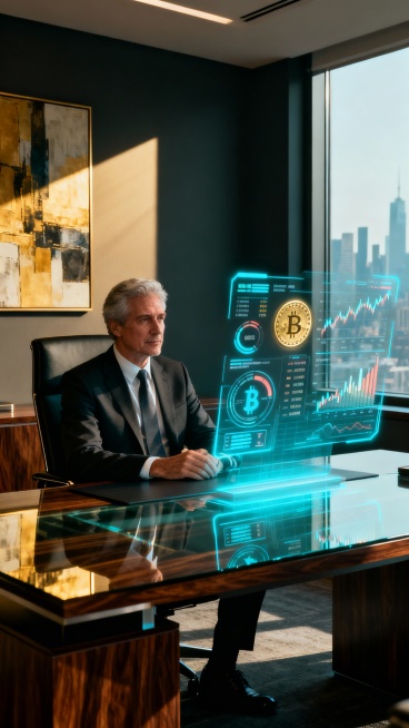 Senior business executive in formal suit, calm and confident expression, seated at modern desk, holo预览效果