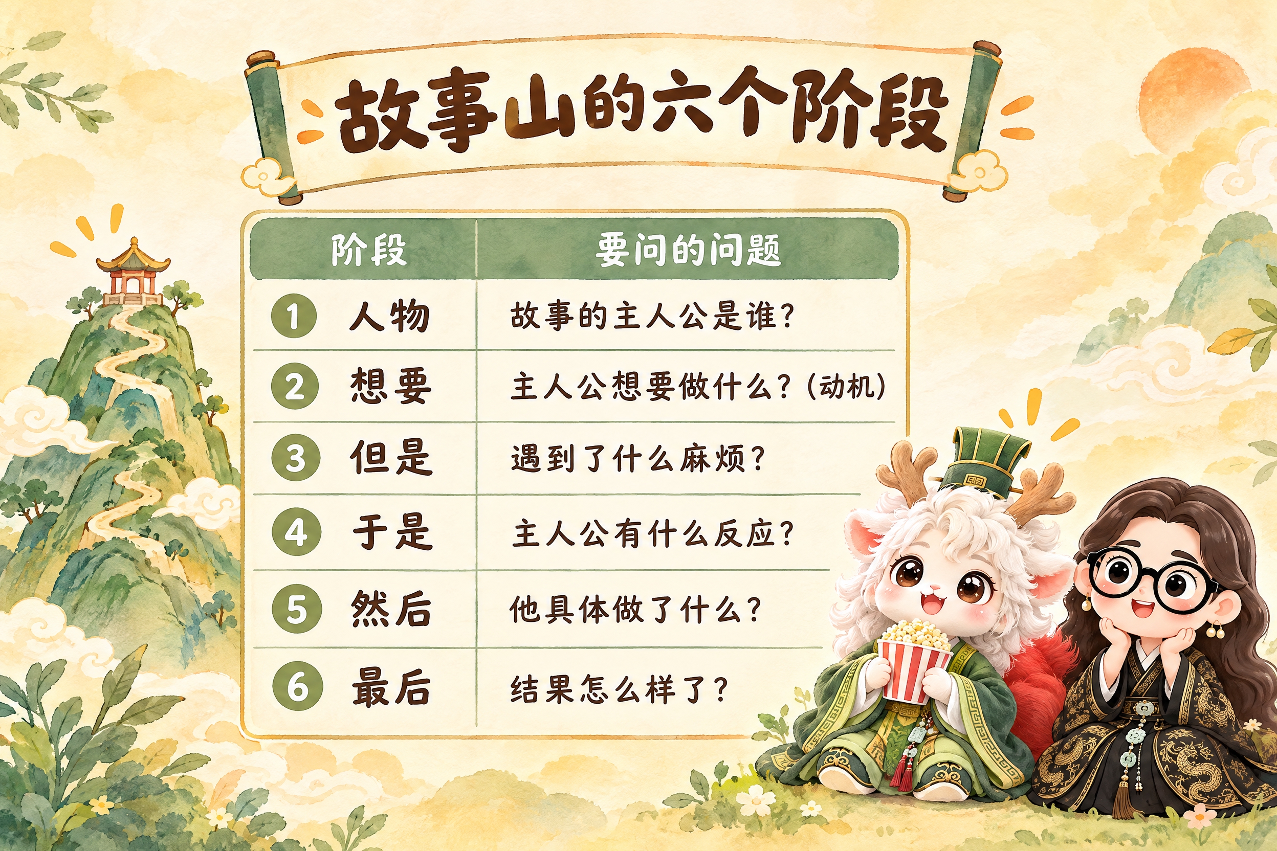 横版6寸比例的知识卡片设计，标题为"故事山的六个阶段"，画面中… - 图片创意预览