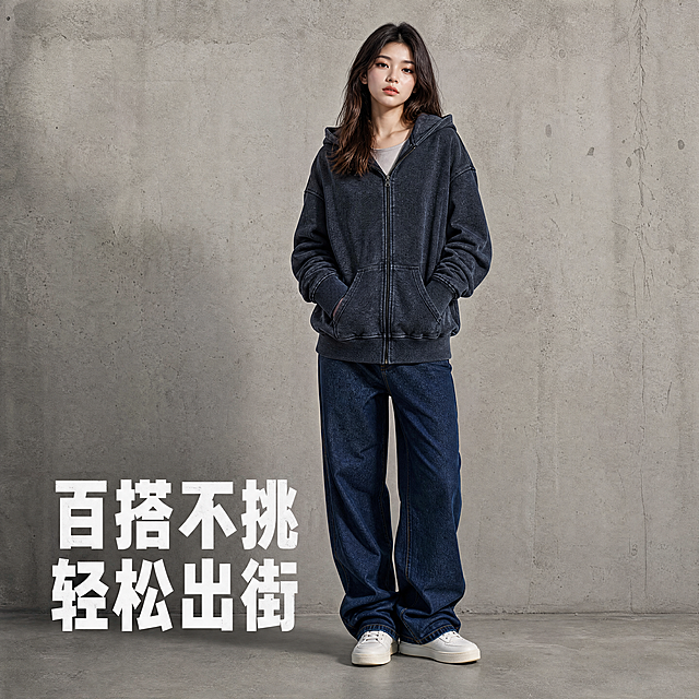 「图片1」，生成一套主图（5张），商品名称是卫衣，卖点是水洗做旧黑灰拉链开衫连帽卫衣，宽松 oversize 落肩剪裁，前置袋鼠口袋，重磅石磨水洗面料，无多余印花，美式复古高街风，女款，百搭不挑人，适配拼多多平台，主图比例为1:1「图片1」「图片1」「图片1」「图片1」「图片1」