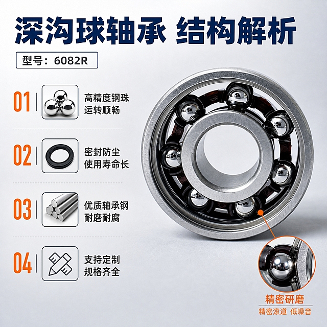 [主图-2] 深沟球轴承 型号6082R 产品结构亮点图，展示轴承内部结构与核心性能卖点。
[统一基调] 1688工业风，浅灰渐变背景，主标题深蓝色粗黑体，辅助文字深灰色，强调色橙色，整体干净规整专业，体现五金轴承精密质感。
[画面] 画面右侧为深沟球轴承6082R正面视角，产品占画面约55%，正面完整展示内外圈、钢珠、保持架结构，与输入图外观一致。左侧竖排4个编号卖点，每个卖点配小图标：1号配钢珠图标写"高精度钢珠 运转顺畅"，2号配密封圈图标写"密封防尘 使用寿命长"，3号配材质图标写"优质轴承钢 耐磨耐腐"，4号配定制图标写"支持定制 规格齐全"。轴承外圈旁有局部放大小窗，特写钢珠与滚道接触面，标注"精密研磨"。
[光影质感] 商业工业摄影质感，正面柔光，金属表面反光均匀，轴承正面结构层次分明，钢珠高光清晰，保持架细节可见，阴影柔和。
[配色] 背景浅灰渐变，主标题深蓝色，卖点文字深灰色，编号数字橙色，放大框边框橙色，整体冷色调工业感。
[文字版式] 顶部主标题"深沟球轴承 结构解析"深蓝色粗体大字。左侧4条卖点竖排，每条左侧橙色大号数字编号，右侧深灰色卖点文字，字号递减层级清晰。局部放大框下方标注"精密滚道 低噪音"橙色小字。所有文字放在左侧负空间，不遮挡轴承主体。
[输出要求] 1:1正方形，2048x2048，2K分辨率，产品结构清晰，文字清晰可读无错字，画面干净专业，无水印无平台logo，禁止变形、模糊、杂乱、多余装饰。