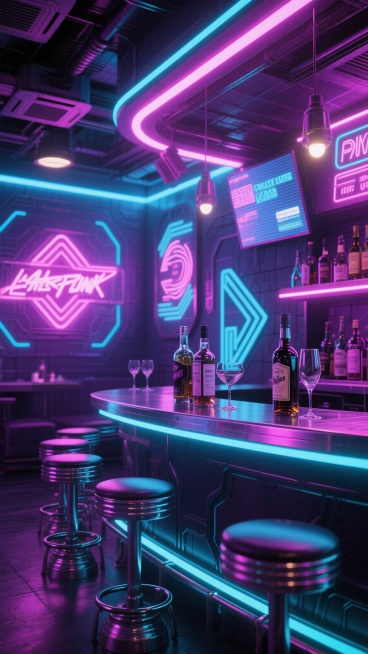 赛博朋克风格的未来酒吧内部场景，以深紫色、蓝色和粉色霓虹灯为主色调，光影交错营造出迷离梦幻的氛围，3D渲染的光滑金属吧台搭配发光灯带，吧台上摆放着造型各异的未来感酒瓶与高脚杯，墙面装饰有动态霓虹招牌与几何图案显示屏，天花板悬挂着带有霓虹灯管的工业风灯具，吧台前设有带LED灯带的圆形金属高脚凳，整体空间充满科技感与复古未来主义的融合，细节处变换了部分霓虹招牌的文字内容、酒瓶的标签设计以及墙面显示……预览效果