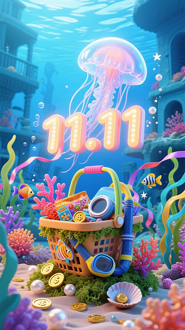 梦幻海底世界，软3D风呈现卡通可爱场景，霓虹灯风格“11.11”悬浮于发光水母旁，珊瑚与粒子光影交织，营造双十一节日氛围。