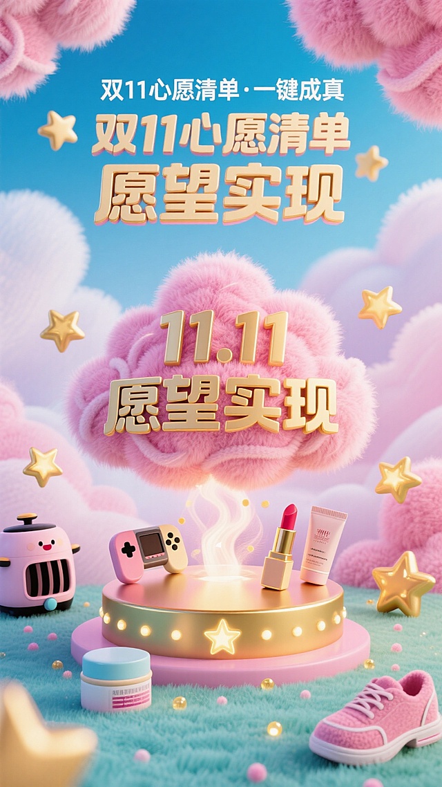 梦幻感与甜蜜感交织的软3D风场景，毛发生长云朵托起金色愿望文字，搭配卡通化商品与鎏金元素，营造双11微缩艺术童话世界。