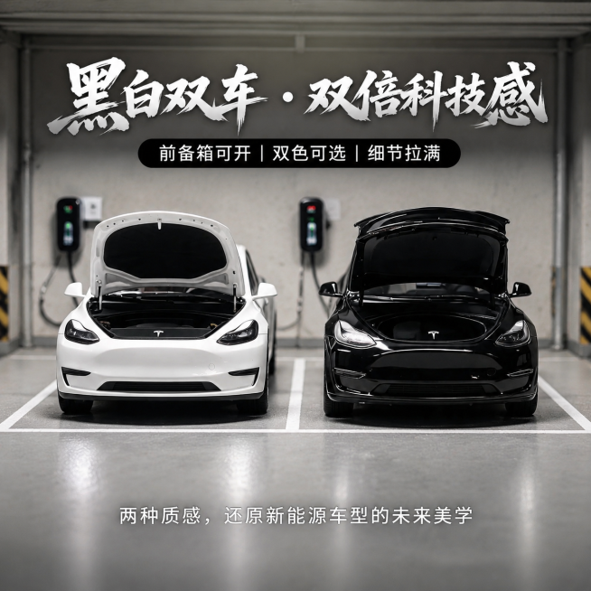 黑白双车车库同框：地下车库微缩场景，灰色地面 + 停车位标线，背景放两个迷你充电桩，墙面做浅灰色水泥质感。白色、黑色车模并排停在车位内，两车前备箱同时向上打开，露出内部细节，车头正对镜头。卖点文案艺术预览效果