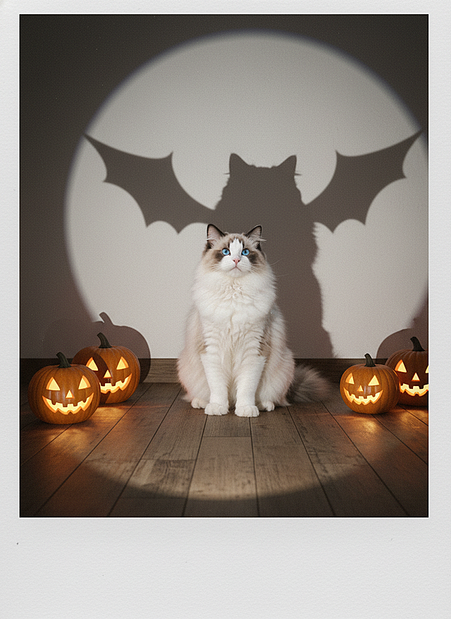 一束光射过来，主体的投影在墙壁上，投影是主体的外轮廓，加恶魔翅膀元素在投影上，主体旁边加点南瓜灯装饰，拍立得拍摄效果