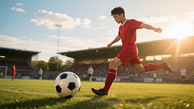写实摄影风格，阳光明媚的足球场上，一名身着红色球衣的足球运动员正全力踢向足球的动感瞬间，运动员姿态舒展，腿部肌肉线条紧绷，足球表面纹理清晰，绿色草坪在夕阳暖金色光线照射下显得生机勃勃，背景有模糊的其他球员和观众席轮廓，天空中飘着少量白云，整体画面光影对比强烈，高光处有自然的光晕效果，氛围充满活力与运动激情，动态感十足，细节丰富，色彩真实和谐，具有电影般的画面质感和身临其境的临场感。