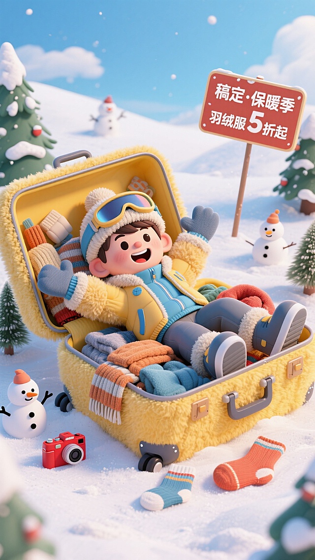 一个卡通男生，穿着滑雪服饰、戴着滑雪镜和帽子，躺在打开的黄色毛绒行李箱里，里面有许多围巾、保暖服饰、袜子等，夸张动作；周围点缀一个小雪人、松树、红色相机、写有“稿定·保暖季”“羽绒服5折起”的标识牌，背景是蓝天白云和雪地