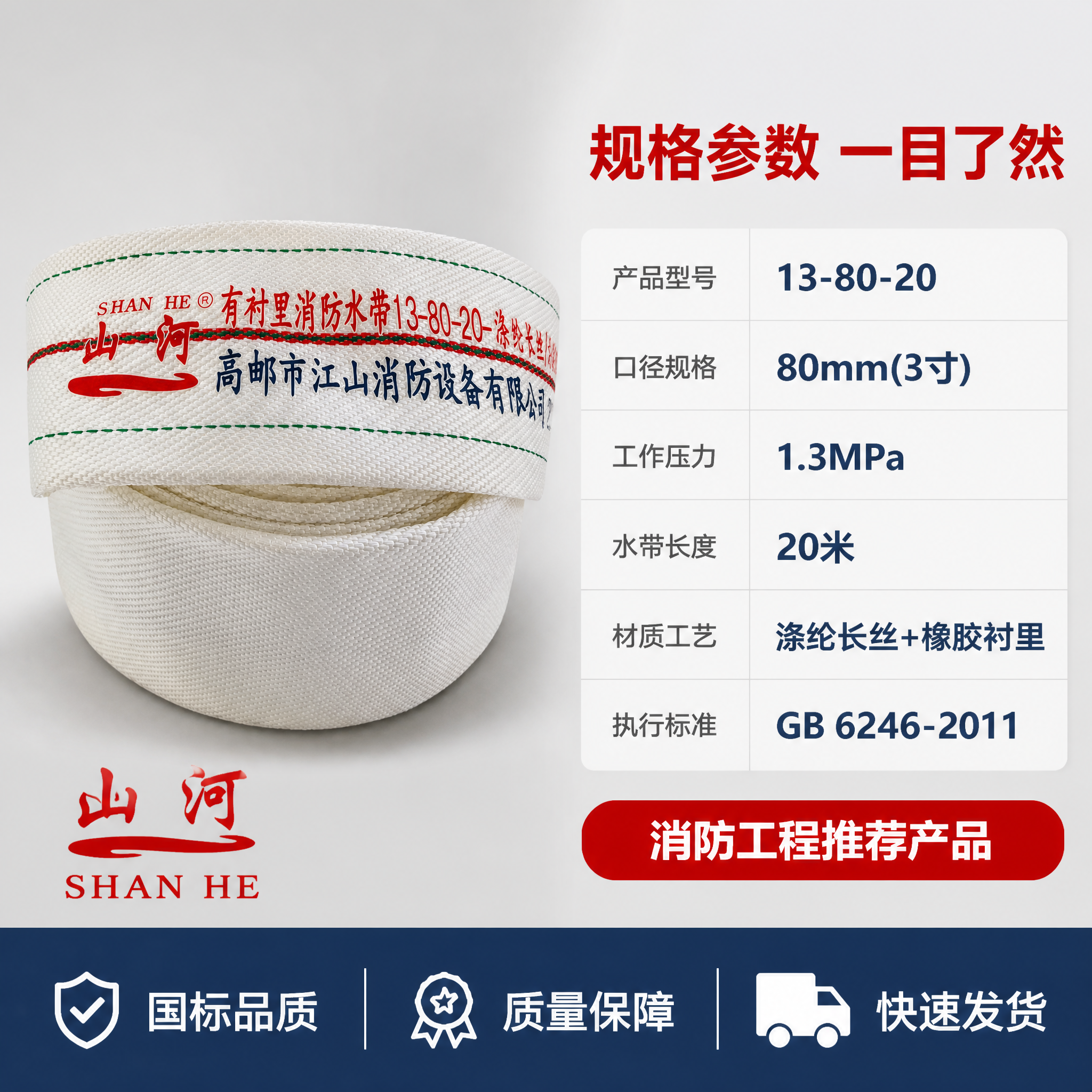 [主图-5] 消防水带规格参数与品质背书图。 [氛围风格] 专… - 图片创意预览