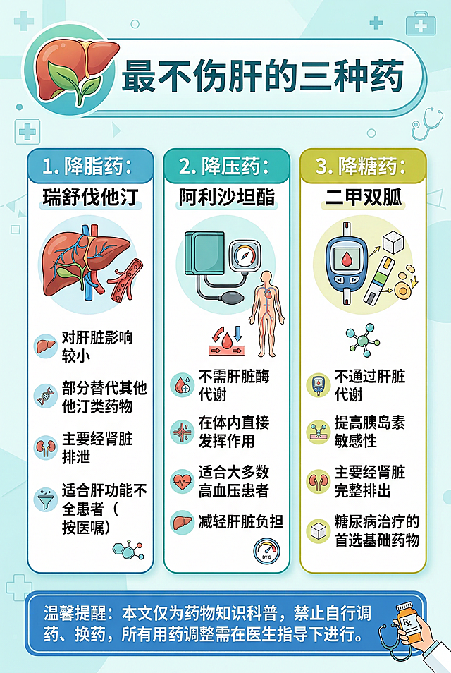 医学科普信息图，封面标题："最不伤肝的三种药"，内容分为三部分介绍三种对肝功能影响较小的药物，分别是降脂药瑞舒伐他汀、降压药阿利沙坦酯、降糖药二甲双胍，最后添加温馨提醒：本文仅为药物知识科普，禁止自行调药、换药，所有用药调整需在医生指导下进行。整体风格简约专业，医疗健康科普风格，清晰易读。