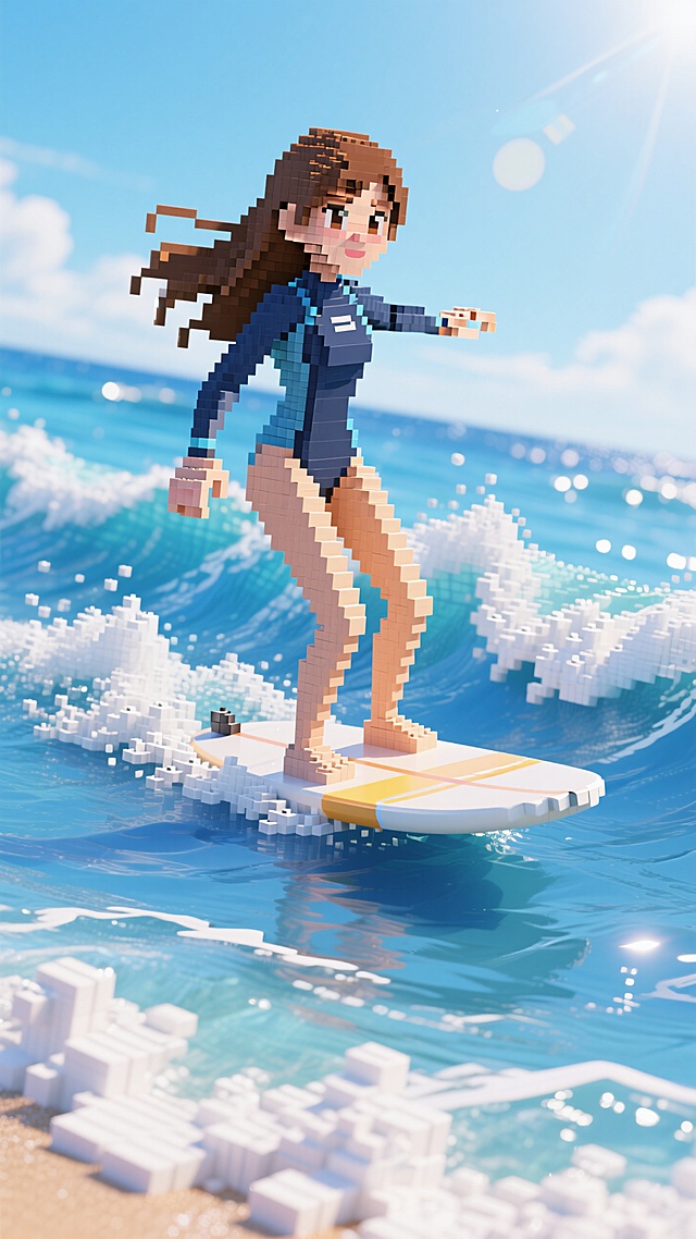 一个长头发美女蓝色大海边冲浪