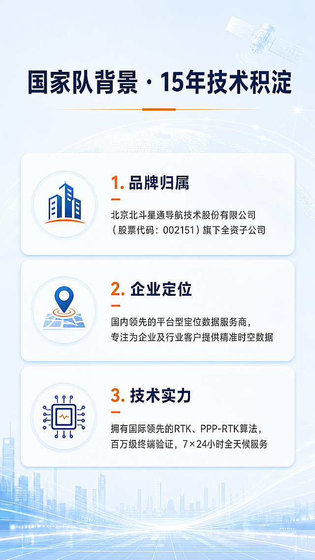 淘宝商品详情页设计方案：
产品为（虚拟产品）：真点科技 TruePoint.CM NRTK 第一部分：首屏海报与核心卖点 (吸引停留) 
主视觉设计：采用科技感强的深蓝色调背景，融合北斗卫星轨道线条与地球网格元素。 
核心Slogan：真点科技 TruePoint.CM —— 让每一次定位都精准无误。 
四大核心标签（图标化展示）： 
🎯 厘米级精度：平面±2cm + 1ppm，高程±5cm + 1ppm 
⚡ 秒级收敛：基于PPP-RTK算法，初始化更快更稳 🌐 全网覆盖：依托北斗地基增强系统，全国覆盖
 🔗 广泛兼容：支持市面99%主流RTK设备与无人机
 第二部分：厂家介绍 (建立信任) 
标题：国家队背景 · 15年技术积淀 
内容布局： 
品牌归属：明确标注“北京北斗星通导航技术股份有限公司（股票代码：002151）旗下全资子公司”。 
企业定位：国内领先的平台型定位数据服务商，专注于为企业及行业客户提供精准时空数据。
 技术实力：拥有国际领先的RTK、PPP-RTK算法，经过百万级终端验证，7×24小时全天候服务运营经验。 
第三部分：资质与荣誉 (增强说服力) 
标题：权威认证 · 合规保障 
展示形式：证书扫描件平铺或轮播。 
核心资质： 测绘地理信息局相关服务备案证明。 ISO9001质量管理体系认证。 高新技术企业证书。 北斗地基增强系统官方授权运营资质。 
第四部分：产品深度介绍 (核心转化区) 
这里需要将枯燥的技术参数转化为用户利益点。 
什么是 TruePoint.CM？ 通俗解释：它是您RTK设备的“高精度大脑”，通过网络接收北斗地基增强系统的修正数据，将普通GPS信号修正为厘米级高精度坐标。 
三大核心技术优势： 
算法更强：自研高精度RTK算法，抗干扰能力强，在城市高楼、树林遮挡环境下依然保持固定解。 
速度更快：相比传统NTRIP协议，TruePoint.CM优化了数据链路，实现秒级固定，减少等待时间。 
稳定性更高：服务可用率超99.9%，拒绝作业中途断连、跳点。 
第五部分：适配品牌介绍 (消除购买顾虑) 
标题：万能兼容 · 无缝接入 
文案：不挑设备，只选对的。
TruePoint.CM 开放标准NTRIP协议，完美适配以下品牌（建议做成Logo墙）： 
测绘RTK类：华测、南方、中海达、千寻、司南、合众思壮等。 
无人机类：大疆（DJI）、极飞、道通等。
农机/机器人：各类自动驾驶拖拉机、割草机器人、巡检车。
 特别提示：只要您的设备支持输入IP、端口、挂载点（Mountpoint），即可使用本服务。 
第六部分：应用场景 (激发需求) 
图文结合展示： 
工程测量：地形测绘、施工放样、道路勘测。 
精准农业：农机自动驾驶、植保无人机航线规划。 
形变监测：大坝、桥梁、边坡的毫米级位移监测。 
智能驾驶：低速无人车、港口集卡的高精定位。 
第七部分：设置流程教程 (降低售后压力) 
此部分非常重要，建议制作成长图或GIF动图。
 通用RTK手簿设置流程 
获取账号信息：购买后，客服发送IP地址、端口号、源节点（挂载点）、用户名、密码。
 打开手簿软件：进入“移动站设置”或“差分设置”。 
选择模式：数据链选择“网络”或“NTRIP”。 
填入参数：依次输入上述5项信息。 
连接状态：点击“连接”，显示“固定解”即成功。
 无人机（以大疆为例）
设置流程 进入App：
打开DJI Pilot/MSDK，进入RTK设置页面。
 选择服务：选择“自定义网络RTK”。 
输入信息：填入真点科技提供的IP、端口、挂载点、账号密码。 
开启RTK：打开飞行器RTK开关，等待状态栏显示“FIX”。 
第八部分：购买路径及服务说明 (促单) 
购买流程： 
按需下单购买
客服自动发送卡密卡片
点击“去领取”获取卡密
连接设备进行参数设置
设置成功--FIX或固定解

 售后服务承诺： 
技术支持：提供远程协助调试，连不上包退。 
发票服务：支持开具增值税专用/普通发票。 
有效期说明：自激活之日起算，或指定日期生效。

帮我生成详情页，适配淘宝平台，比例为：9：16，图片大小为：小于5M