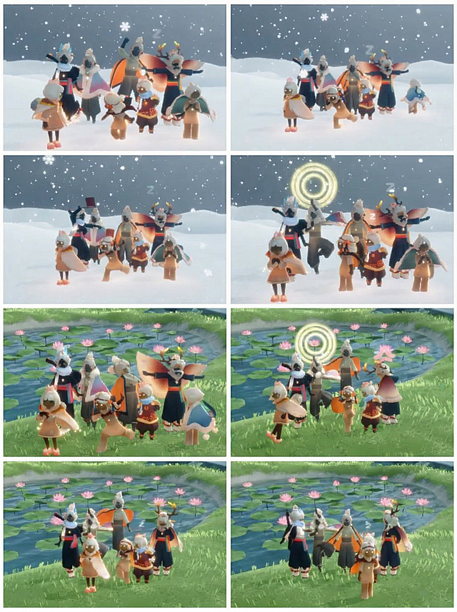 把绿色的背景换上面四张图成下雪天，下面四张图换成荷塘边