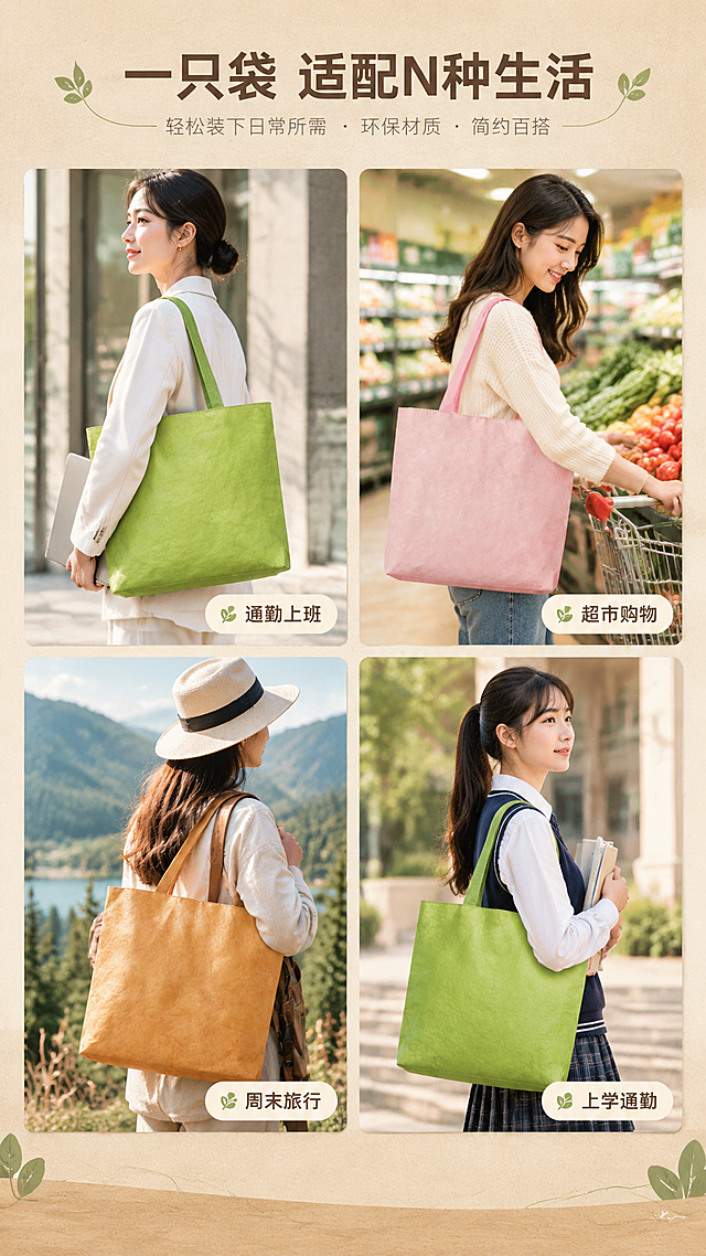 [商品] 使用【图1】果绿色、【图2】樱花粉色、【图3】棕黄色三款杜邦牛皮纸购物袋；分别出现在不同使用场景中，保留每款的颜色、结构和材质，不改变产品外观。
[画面] 目标：多场景合集页，展示购物袋在不同生活场景中的实用性。构图：四宫格拼图，左上=通勤上班（果绿），右上=超市购物（粉色），左下=周末旅行（棕黄），右下=学生上学（果绿）；每格场景独立但色调统一。景别：中景混合。
[视觉] 套系策略：风格=清新自然环保风·高级商业摄影；标题字=现代简约无衬线粗体；正文字=纤细无衬线体；主色=牛皮纸暖棕；背景延展=基于暖棕做浅米-奶白渐变、同色系纸张肌理质感、柔和木色台面；强调色=果绿色，仅用于小面积图标、引线和标签点缀；标题色=深炭棕；正文色=中暖灰；组件=圆角浅米色信息卡、细棕线引线、小绿叶图标；光影=自然柔光，每格光线协调。
[文字] 顶部主标题「一只袋 适配N种生活」，每格右下角配场景小标签：「通勤上班 / 超市购物 / 周末旅行 / 上学通勤」；全部横排。
[规格] 图片比例9:16竖版，分辨率4K，quality=medium。避免变形、错字、文字过小、包型失真、颜色偏差、绝对化用语。