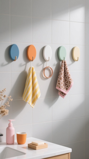 极简主义家居摄影风格，浅灰色哑光瓷砖墙面背景，整齐排列六个不同颜色的椭圆形挂钩——蓝色、橙色、白色、浅绿色、粉色、米黄色，挂钩上悬挂着不同物品：黄色条纹毛巾、铜色圆环、棕色几何图案毛巾，其余挂钩空置，光线柔和明亮，呈现自然散射效果，阴影浅淡清晰，左下角白色台面上摆放着粉色洗护瓶、橙色杯子、方形肥皂盒和干花装饰，整体色调清新明快，构图简洁有序，展现现代简约浴室收纳场景的整洁与温馨感。预览效果