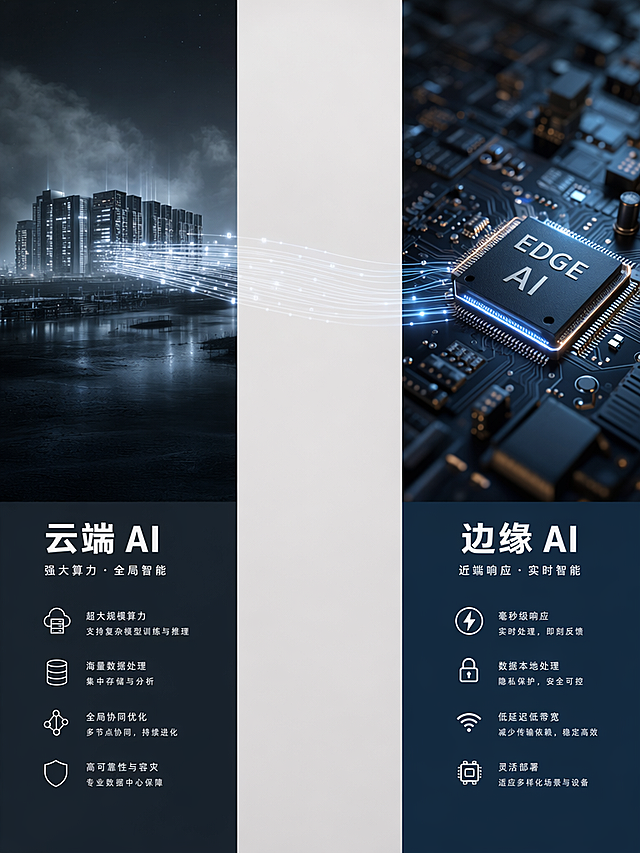 边缘AI对比云端AI，画面左右分割。左侧是远处一座发光的庞大数据中心剪影，冷白光，距离感强；右侧是近景一枚贴在电路板上的小芯片，暖蓝光，近在咫尺。中间用一条流动的光带连接，光带从左到右由密变疏。画面正中竖向留白带，左右两侧下方各留一块纯色区，分别填云端、边缘的特点。寓意远端的强算力与近端的快响应，对比构图，深灰科技冷调