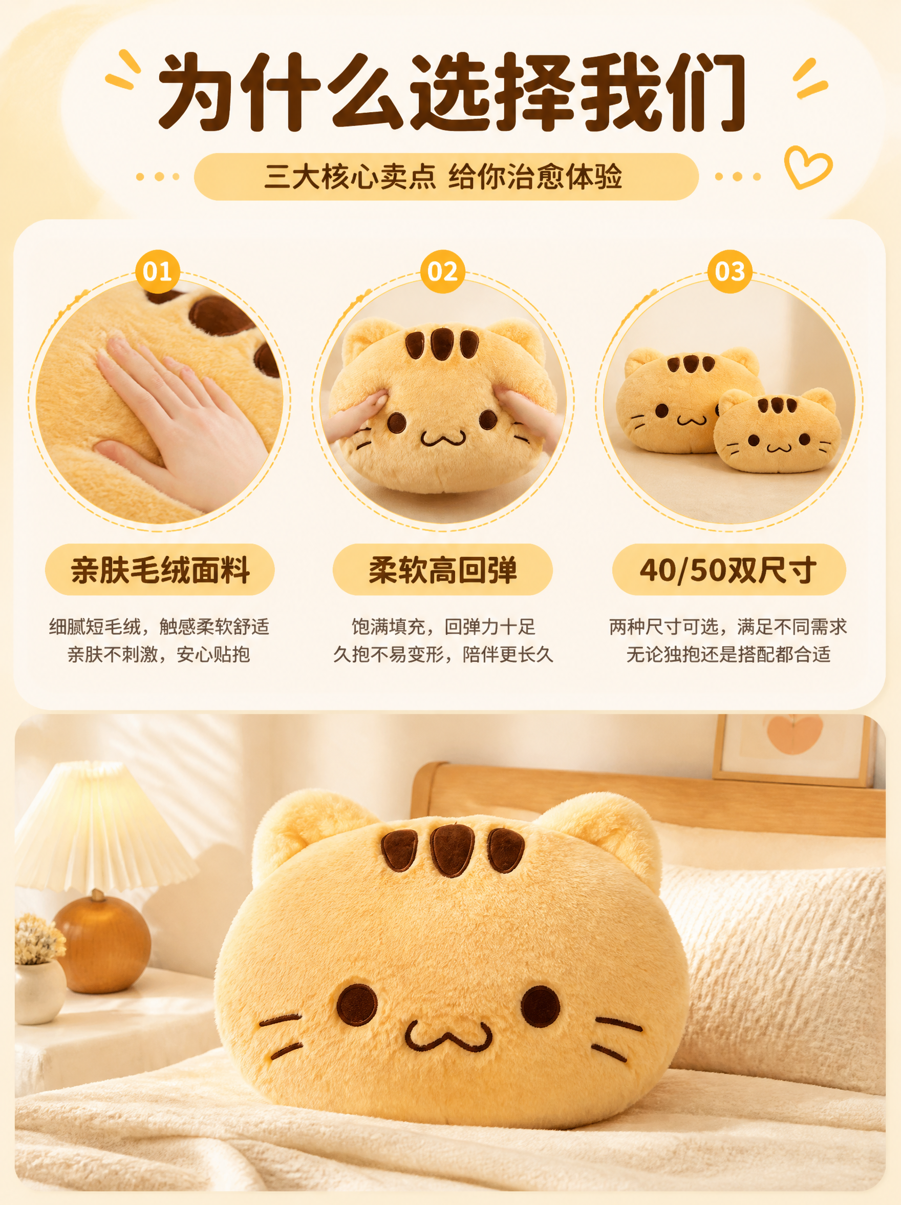 [商品] 使用【图1】黄猫头抱枕；保留暖黄色毛绒材质、头顶三道… - 图片创意预览