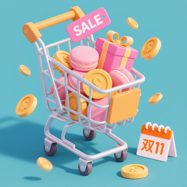 马卡龙配色电商促销素材，1:1比例，背景纯色简约，中央是装满礼物的金属购物车，周围漂浮金色金币，顶部有带“SALE”标签的粉色礼盒，右下角有写着“双11”的橙色日历，整体画面明亮清新，高清晰度预览效果