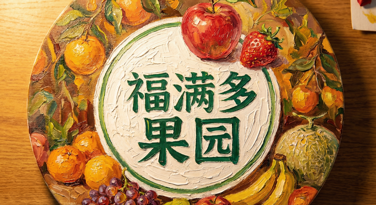 福满多果园水果店店铺头像，包含文字"福满多果园"，写实油画风格，厚重笔触，肌理感强，水果元素，暖色调，质感丰富，适合做店铺头像预览效果