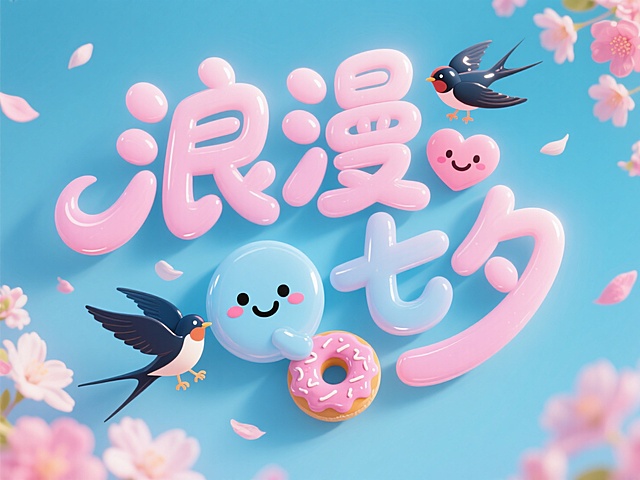 软3D风设计，浪漫七夕主题，甜美可爱元素，拟人小鸟与甜甜圈，营造梦幻节日氛围。