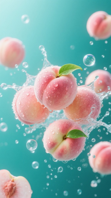 超写实摄影风格，水蜜桃主体保持不变，多颗饱满圆润的水蜜桃悬浮于空中，表面覆盖晶莹水珠，翠绿果蒂清晰可见，周围环绕着飞溅的水花与大小不一的透明气泡，整体画面呈现清凉的蓝绿色调，光线明亮柔和，高光处闪烁着细腻的光斑，营造出清新水润、充满活力的氛围，背景为渐变的蓝绿色，水珠与水花的透明质感通透自然，水蜜桃的粉嫩果肉与蓝绿色调形成鲜明对比，画面构图富有动感与层次感。预览效果