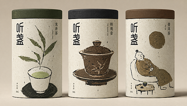 参考这个logo「图片1」，做一套中式茶饮品牌VI视觉设计,品牌名称为“听盏”，分别生出包括包装袋，礼盒，罐装茶叶，袋装茶叶，茶包，金属卡，挂绳，徽章，元素直接用「图片1」中的元素，要求趣味，中式荒诞，创意构图，极简，抽象艺术，潦草，颗粒感，粗砺写意，意境，荒诞，线条，色块，比例失调，故事感，情绪叙事，异想天开，视觉冲击力强，先锋前卫艺术，怪诞，不完美，缺憾美，充满想象的构图，内容简洁，极简美学意境，粗旷颗粒感强，趣味抽象