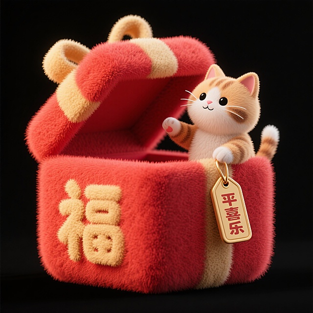 画面中心为一个可爱礼盒写着“福”，礼盒被一只可爱小猫打开顶盖，“平安喜乐”标签挂在礼盒上，红金多巴胺配色，纯黑色背景。