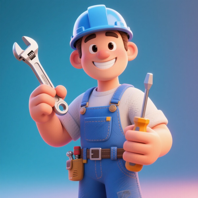 一个3D卡通风格的维修师傅形象，男性，穿着蓝色工装，戴着安全帽，手持扳手和螺丝刀，面带微笑，姿态友好，背景透明预览效果
